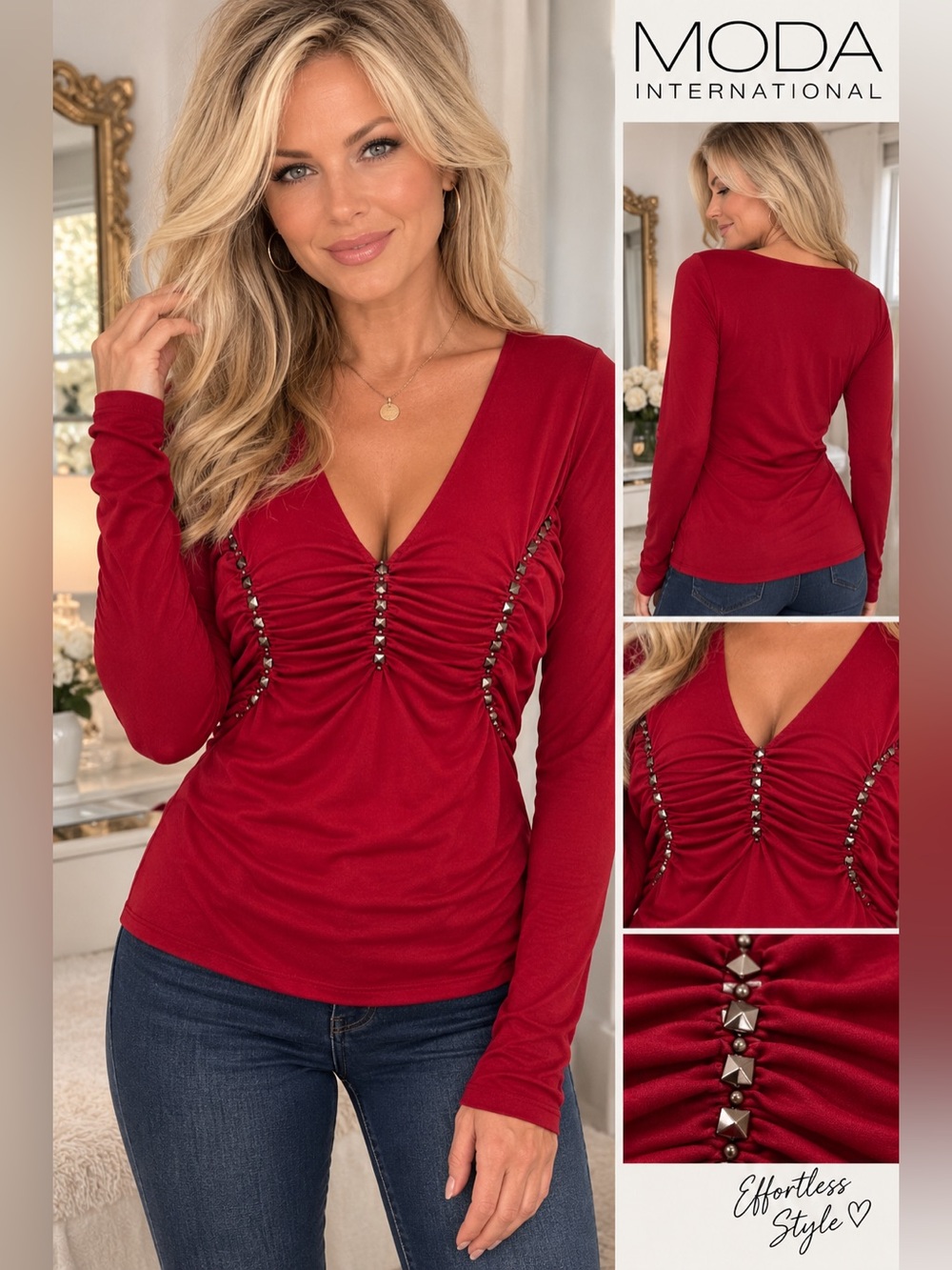 Y2K Moda International Scarlet Red V-Neck Corset Studded Top